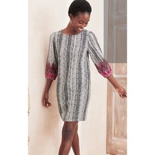 Garnet Hill Linen Market Shift Dress Sz S Geometric Balloon Sleeve Pleated