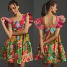 NWT Farm Rio Foliage Mix Mini Dress XS Tiered Ruffles Tropical Colorful $198