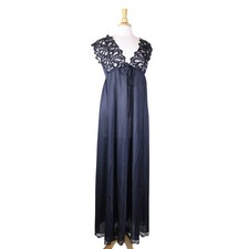 Vintage 60s 70s nylon black nightgown long maxi lace v-neck negligee bedgown S