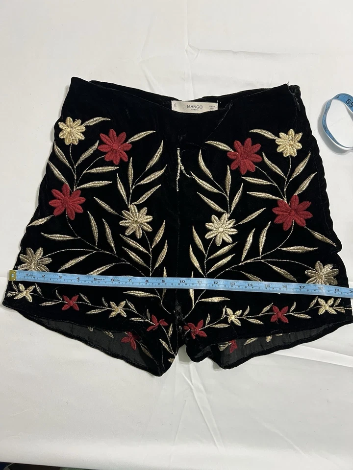 Mango Women’s Black Velvet Floral Embroidered Shorts Size S Rare collection Used - Image 3 of 4