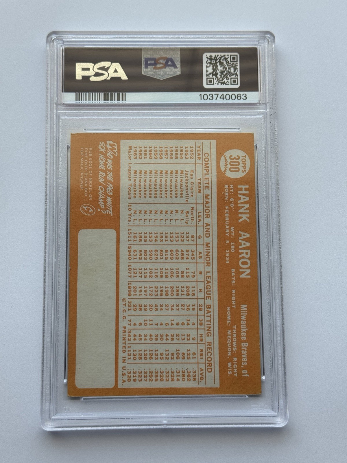 1964 Topps Hank Aaron #300 PSA 5 Braves HOF Vintage Baseball Card view 2