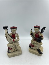 2 Sculptures Vietnamiennes, marbre, sculptés, musiciens, peints en noir et rouge