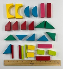 Vintage Wooden Blocks LOT of 28 Colorful Geometric Shapes Wood Building Toys X1