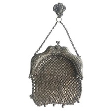 Antique Victorian Art Nouveau Ornate 1910s Silver Mesh Chatelaine Purse Hand Bag