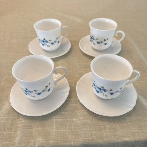 Set of 4 Arcopal France Coffee Cups and Saucers Milk Glass Blue Floral 