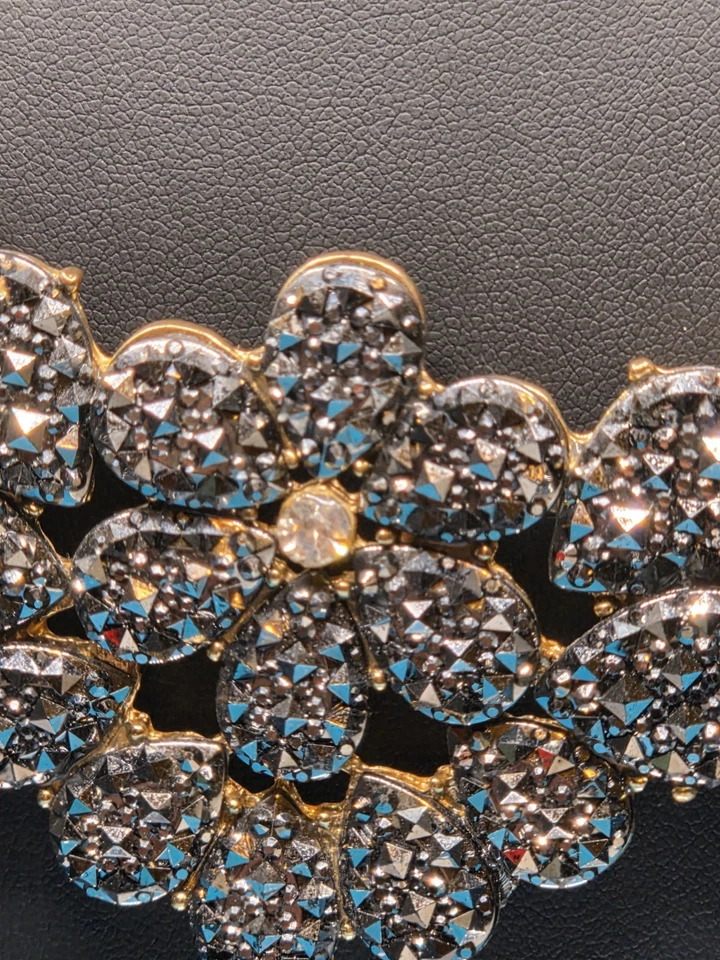 Sparkling Floral Statement Necklace – Gray Crystal Cluster, Gold Tone, Glam... - Image 4 of 4