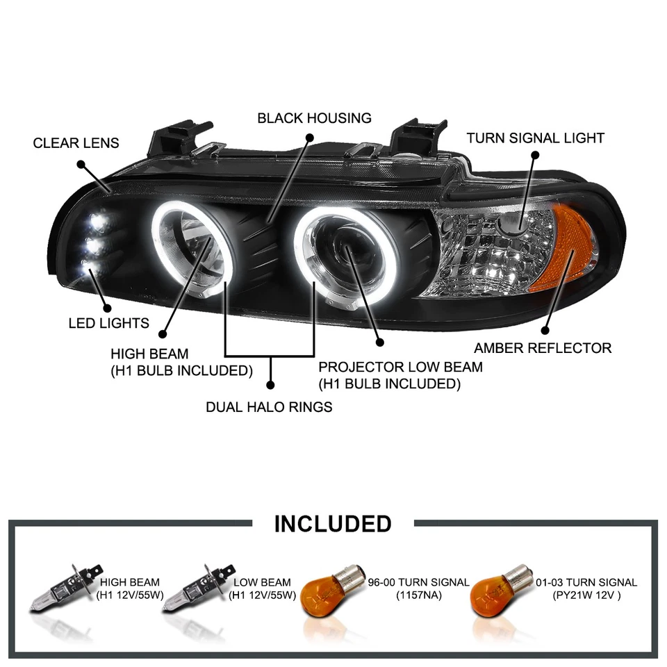 Fits Black 1996-2003 BMW E39 525I 530I LED Halo Projector Headlights Lamps 96-03 — 第 3/4 张图片