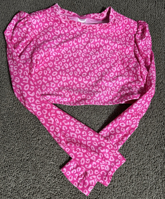 Cat & Jack Girls L (10/12) Pink/White Leopard Cropped Long Sleeve Crew Tee
