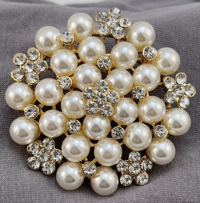 Rhinestone And Faux Pearl Brooch 2 Inches Wedding Bouquet Bridal Jewelry Round