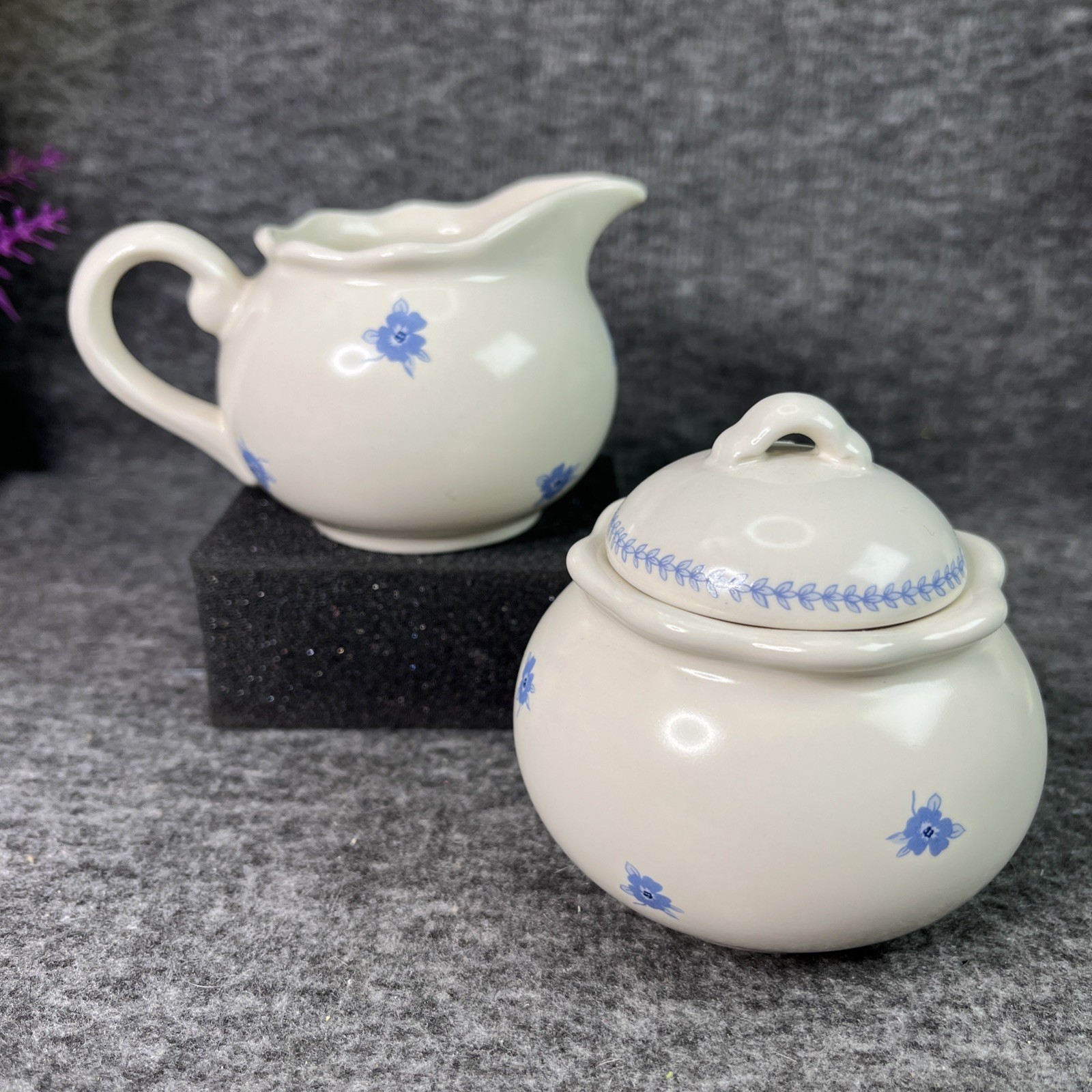 Crowning Touch Somerset Garden Creamer & Sugar Blue Roses 1980-90’s