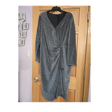 Silver Ruched V-Neck Long Sleeve Midi Bodycon Dress with Zip Closure, 2XL