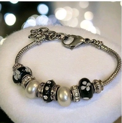 Bella Perlina Stil Silber Armband Schwarz Glas Strass Perlperlen