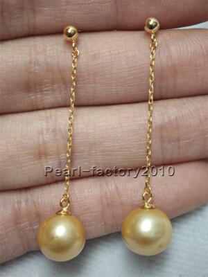 beautiful 9-10mm natural AAA South Sea gold   Pearl Earrings 14K P