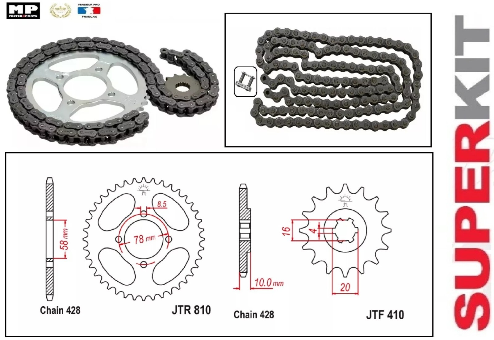 Kit chaine Hyosung 125 GT Comet renforcé 14x52 pour moto 2003-2012