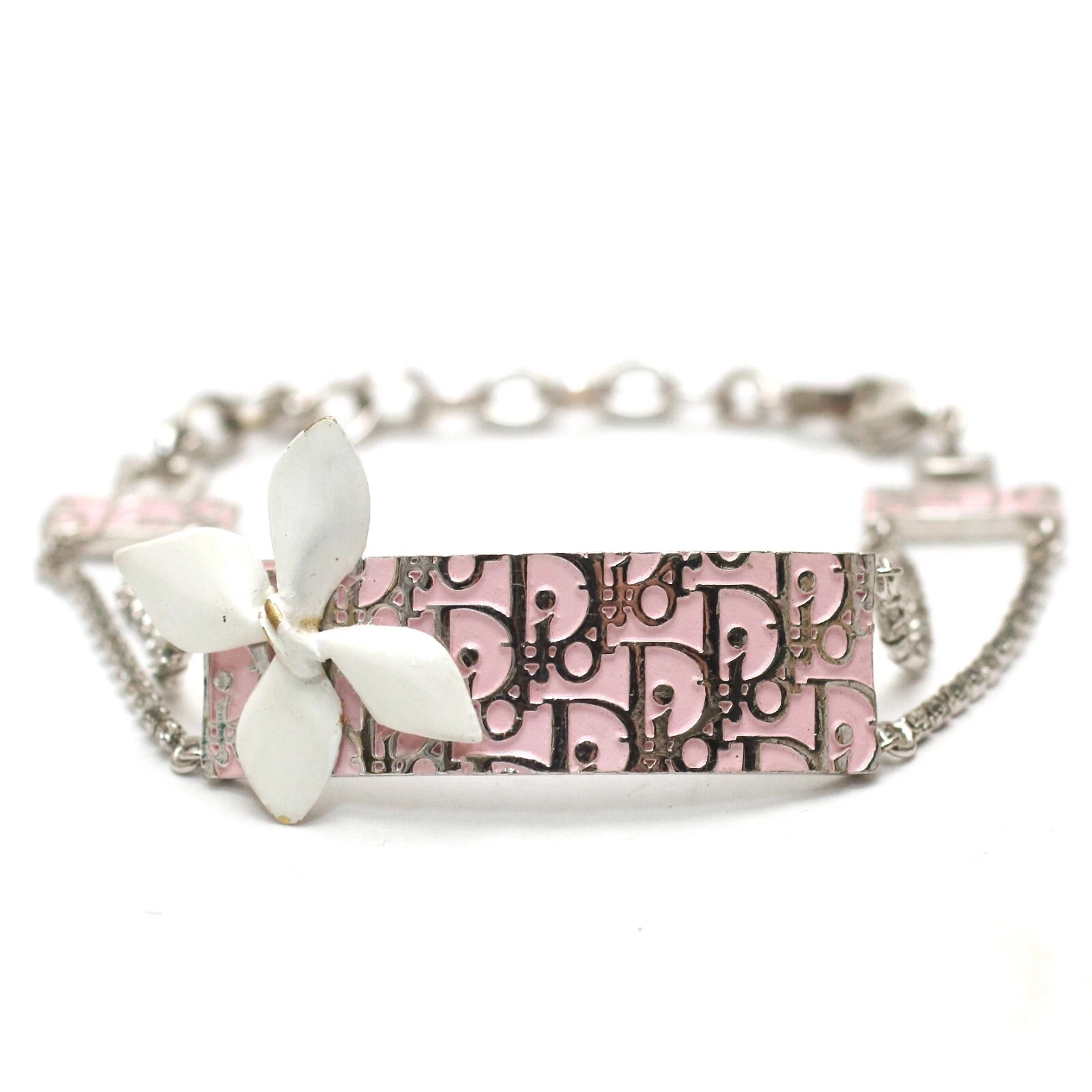 Bracelet double chaîne Christian Dior vintage rose trotteur fleurs strass