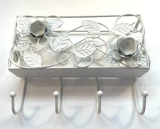 White Metal Floral Shelf With Towel Hooks 