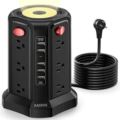Surge Protector Power Strip Tower with 5 USB Ports and Night  Assorted Styles 