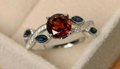 2Ct Round Simulated Garnet Women's Floral Leaf Ring 14k White Gold Plated Silver