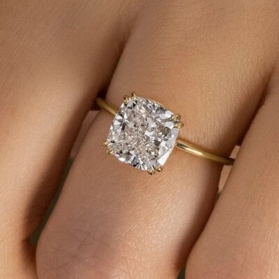 8mm Cushion Cut VVS1 Moissanite 14K Yellow Gold Plated Engagement Solitaire Ring