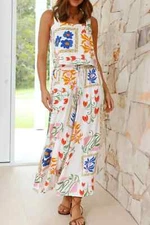 White Printed Square Neck Top and Pants Set Size XL