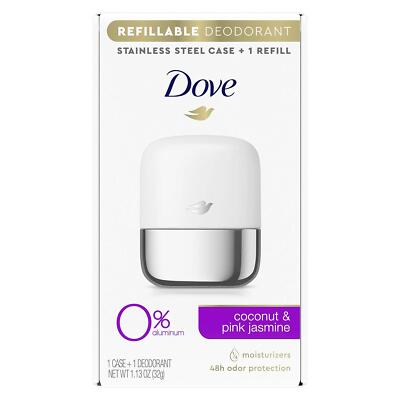 Dove Refillable Deodorant Starter Kit 0% Aluminum Coconut Pink Jasmine 1.13 Oz