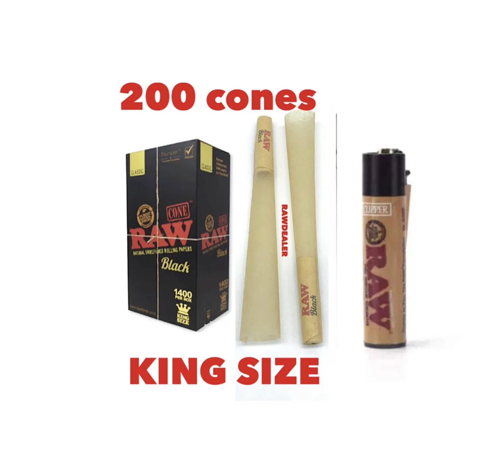 RAW black cone king size (200PK)+raw refillable clipper lighter