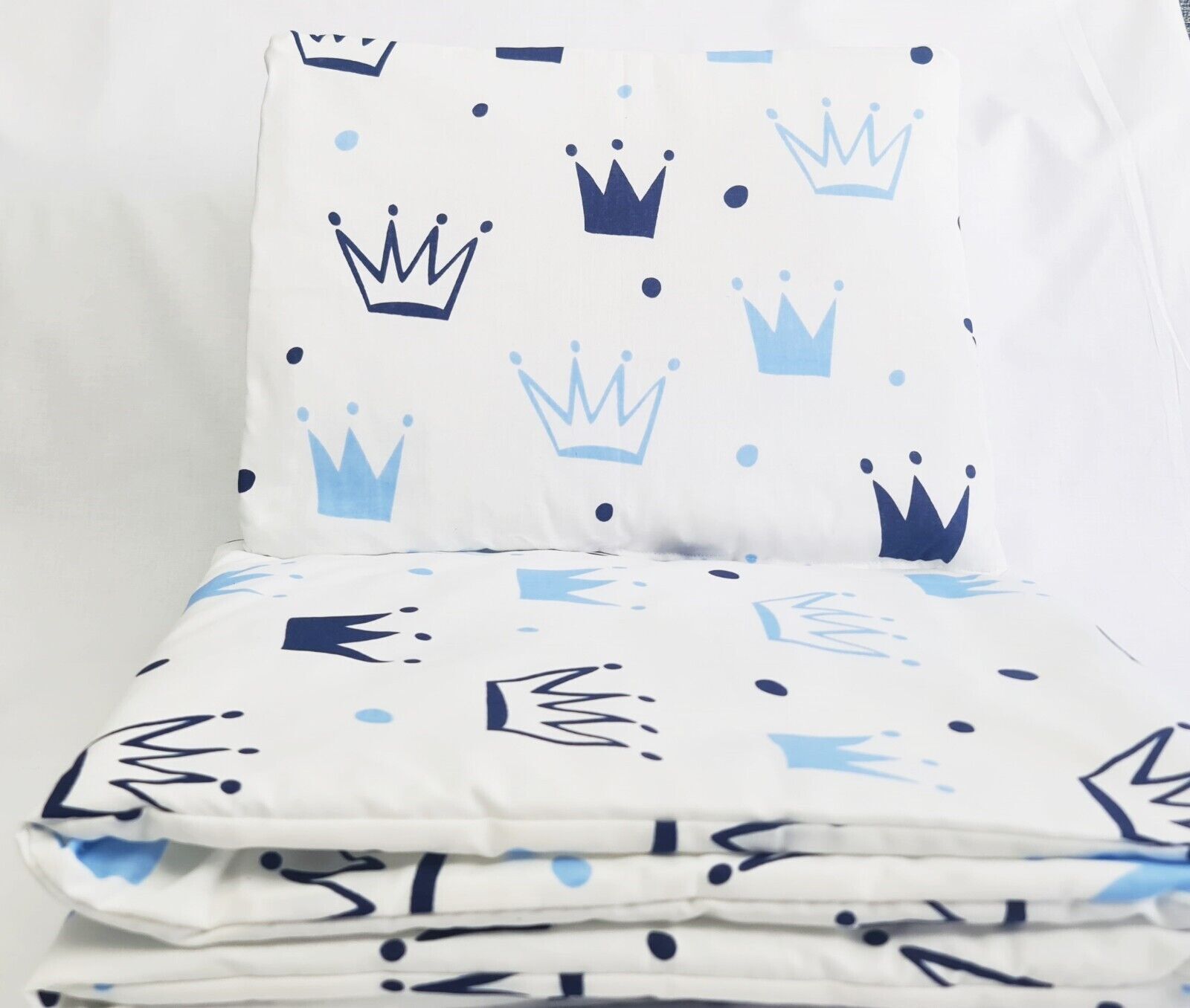 Set lenzuola 4 pezzi lettino/culla letto bambino trapunta federa - cuscino corone blu