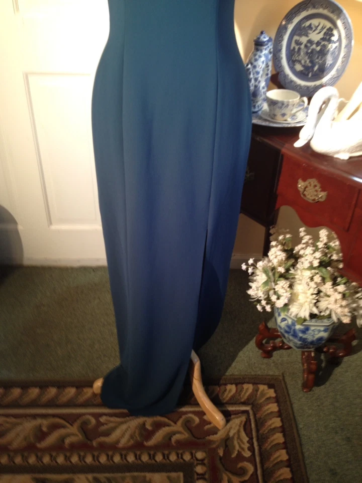 ALYCE DESIGNS BLUE EVENING DRESS-SIZE6-SHEER TOP WITH GOLD BEADS-BUILT IN BRA!!! - Image 2 of 4