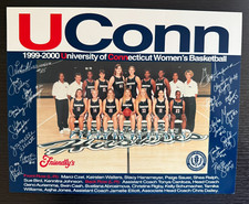Hoja de fotos del equipo de baloncesto femenino UConn 1999-2000. lista y calendario. Sue Bird