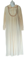 Danielle Night Gown Womans M Vintage Lace Trim Beige Button Front Long Sleeve