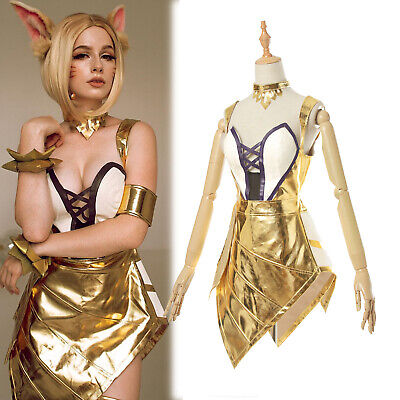 LOL League of Legends KDA Ahri Prestige Cosplay Costume Golden Dress Outfit Set