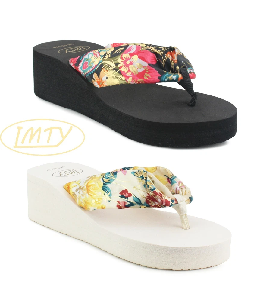 Womens Ladies Platform Wedge Heel Summer Beach Floral ToePost Flip Flops Sandals - Image 1 of 1
