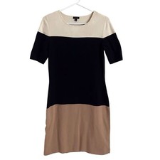 Talbots Small Knit Dress Colorblock Tan Black Cream Short Sleeve Neutral Career