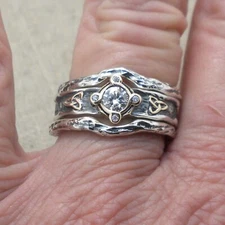 Sterling Silver & 10K Trinity Knot Rocks Rivers Ring w Moissanite Size 6.5 or 7