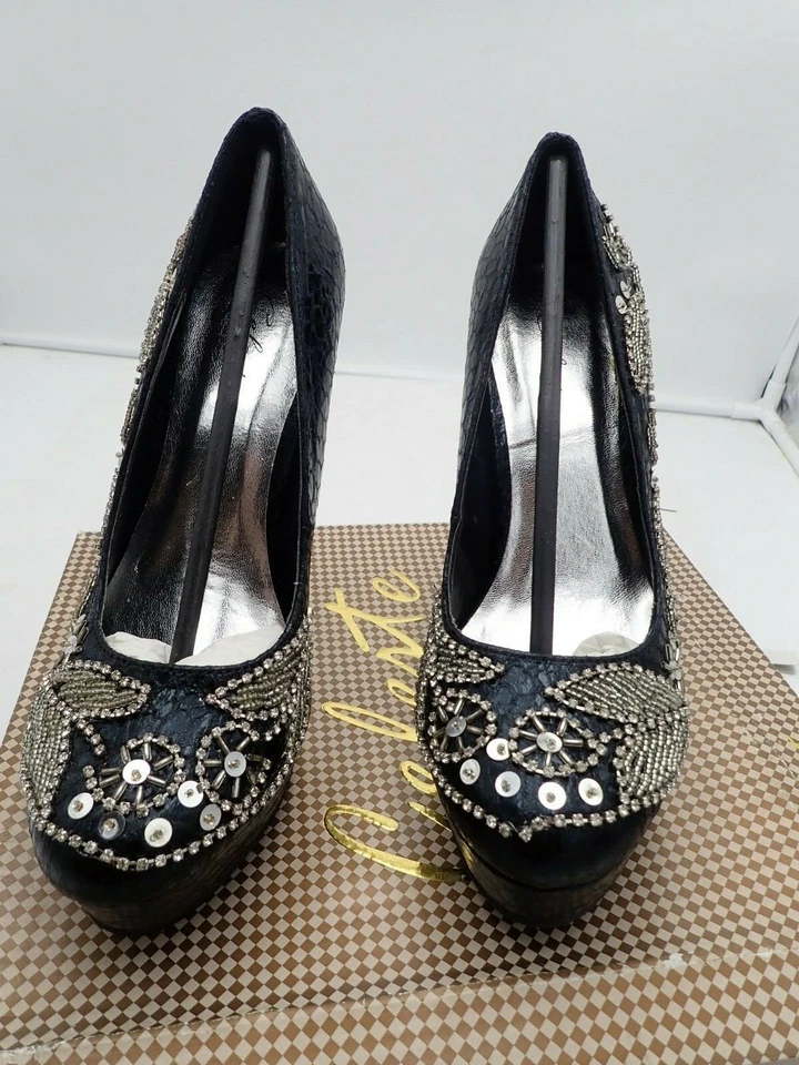 Zapatos de salón de noche Celeste negros metálicos diseño pedrería y cuentas talla 9 M Foto 4 de 4