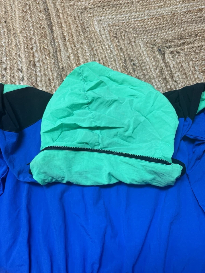 80-е ветровка куртка неоновый зеленый синий. Shell Shock большой L с прикрепленным капюшоном - Изображение 4 из 4