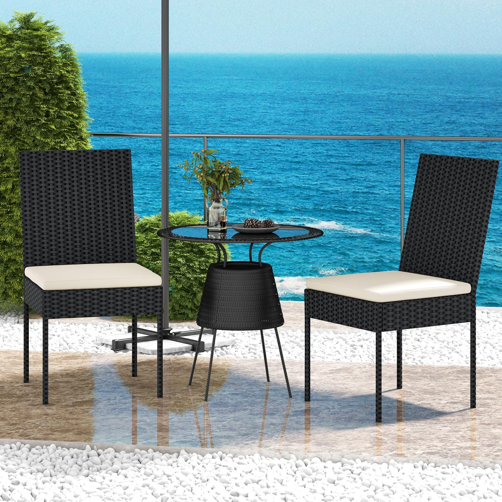 Wicker Patio Dining Chairs Set of 2, Outdoor Rattan Cushioned Chairs with Met... thumbnail 2