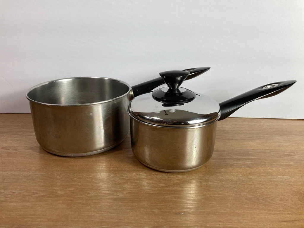 Set of 2 VTG Farberware Alum Clad Stainless Steel Saucepans 1 Qt 2 Qt WIDE HANDL