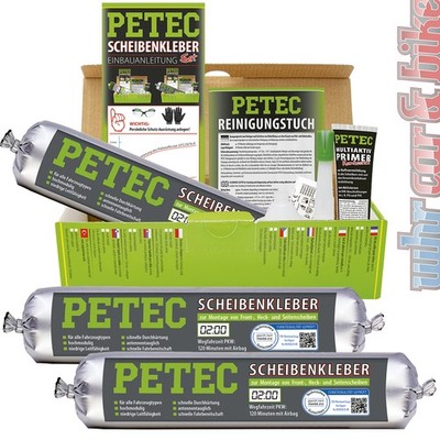 Petec Scheibenkleber Set 3x 400ml Schlauchbeutel Primer, Reinigungstuch, Düse