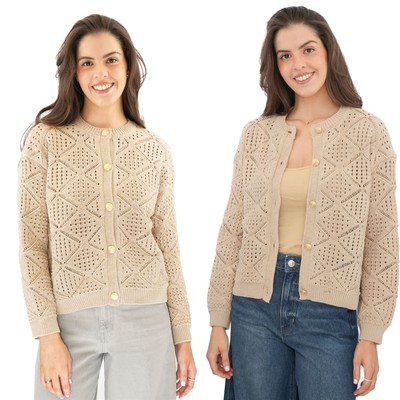 Womens M&S Pointelle Knitted Beige Cardgian Gold Button Up Cotton