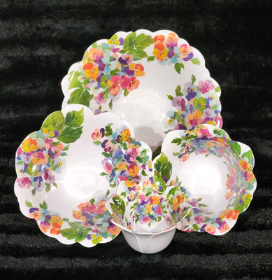 4pc Rachel Zoe PANSY Nesting Bowl Set Melamine Floral Pansies Stacking Serving