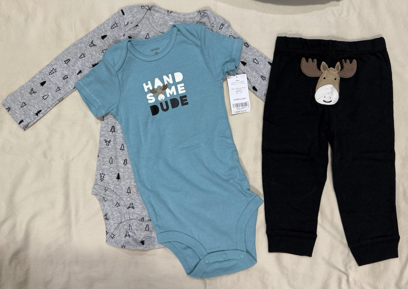 New 18 Mo Carters Baby Boy Moose Outfits Pants & Blanket NWT 4 Pieces