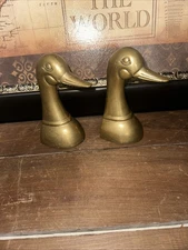 VINTAGE LEONARD BRASS DUCK BOOK ENDS PAIR MALLARD GOOSE CABIN DECO HUNTING LODGE
