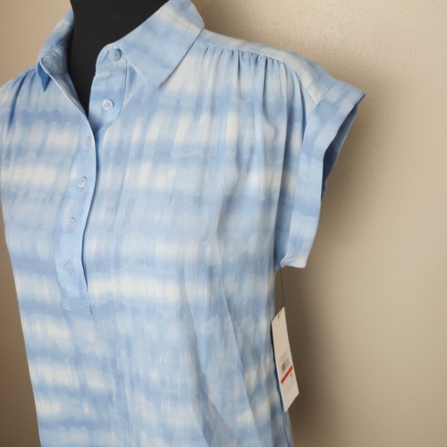 Calvin Klein Chiffon NWT Blouse 3/4 Front Button Short Sleeve X-Small Blue - Picture 2 of 13