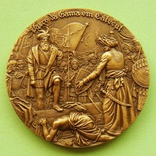 Vasco da Gama with King Samorin of Calicut India Poet Camões Small Bronze Medal!