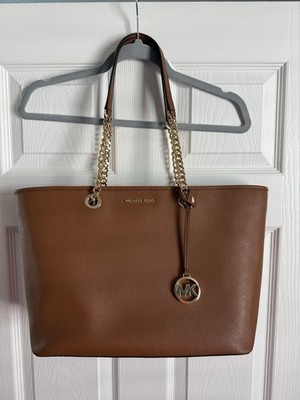 Michael Kors Shania Large East West Chain Tote Shoulder Bag Brown Luggage