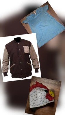 Miami Hotline Costume W Varsity ''B'' Jacket rooster mask tealshirt adult small