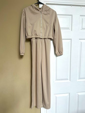 SHEIN Girls 11-12Y Beige Wide Leg Jumpsuit Cropped Hoodie 2 Piece Set