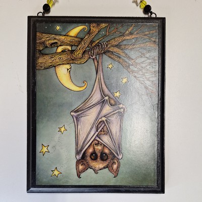 Wood Plaque Bat & Crescent Moon 7''x9''  Hide & Seek  Me Shell Graphics Wall Art