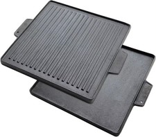 Griddle Plate Cast Iron Reversible BBQ Skillet Grill Double Sided 37.5cm